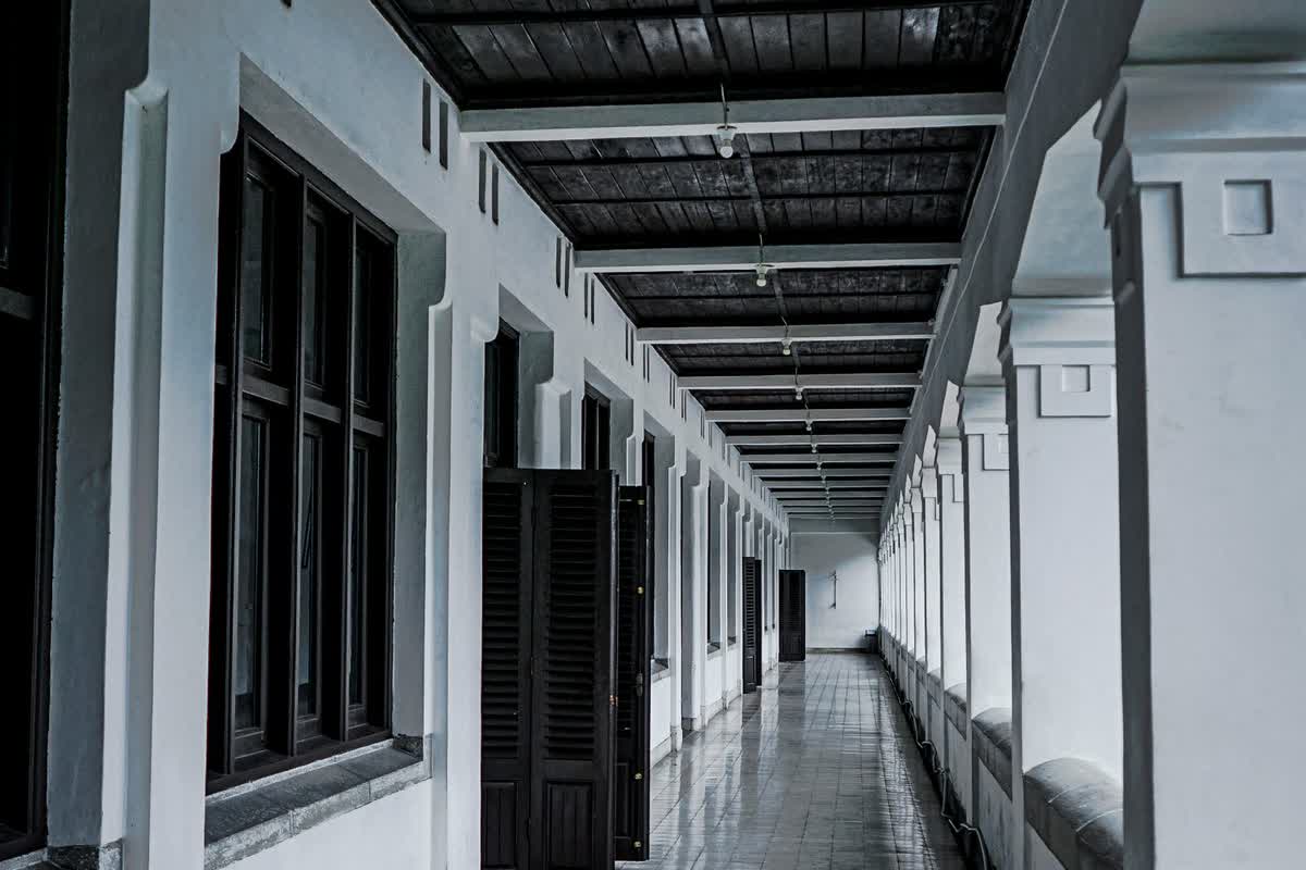 A symmetrical corridor with open doors: an illustrative image for organizational transition.