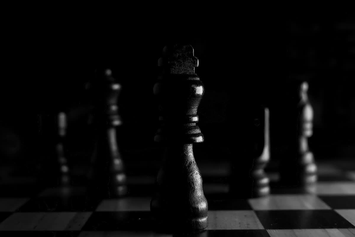 A black chess piece on a board in raking light, an illustrative image for terms of art defined precisely.