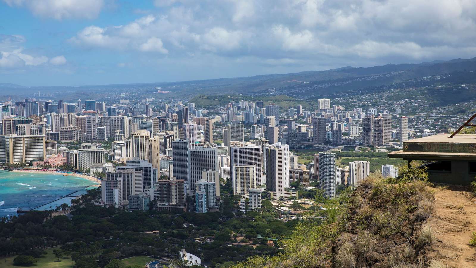 Honolulu and Waikiki seen from the rim of Diamond Head, with the shoreline at left, illustrative of the Honolulu area.