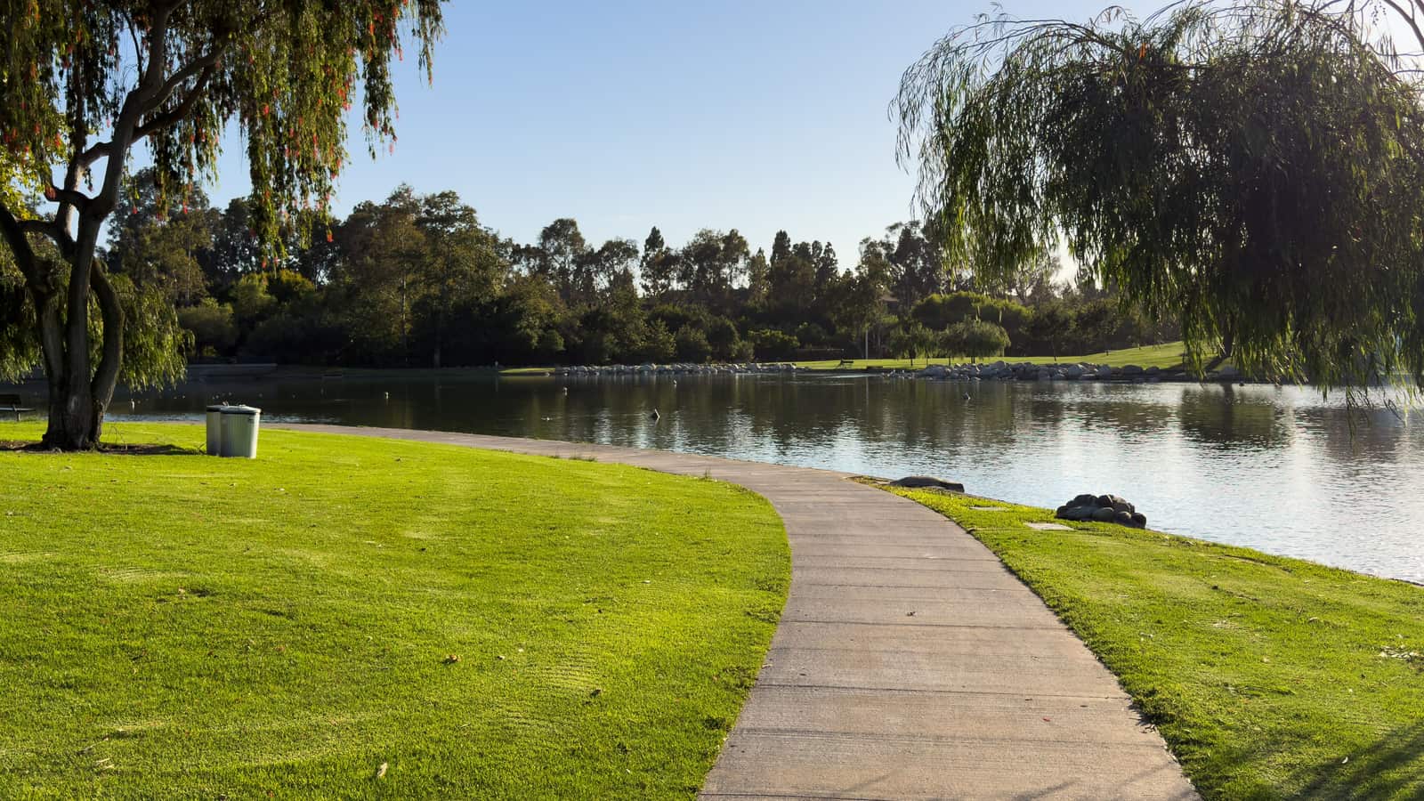 A paved path curving along a lakeside park lawn in Irvine, an illustrative image for the firm's Irvine service area.